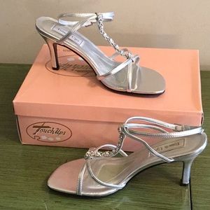 NIB Silver Bejeweled Strappy Heels